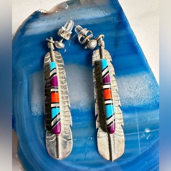 Navajo Turquoise Earrings Stone Inlay By FY FRANK YAZZIE Signed Sterling 925 - Picture 10 of 12